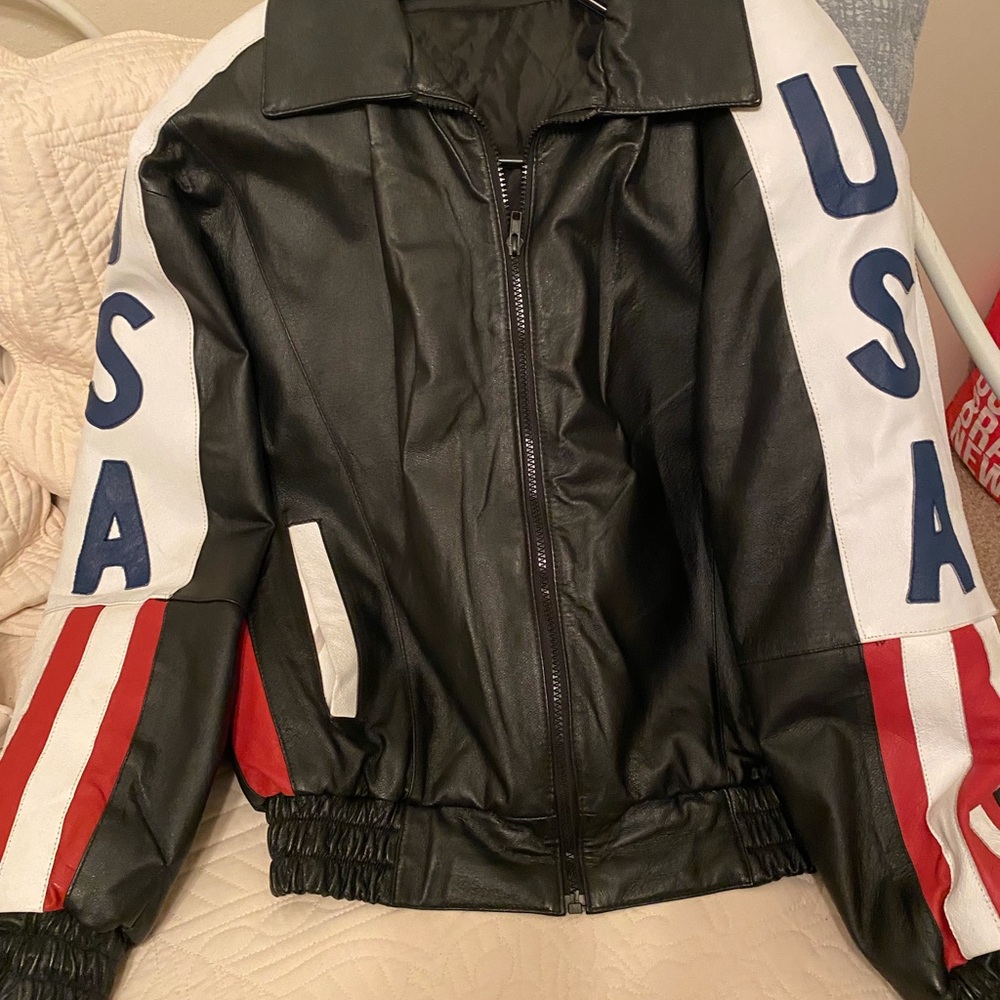 USA Embroidered Black Leather Racer Jacket
